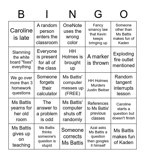 Honors Precalculus Bingo Card