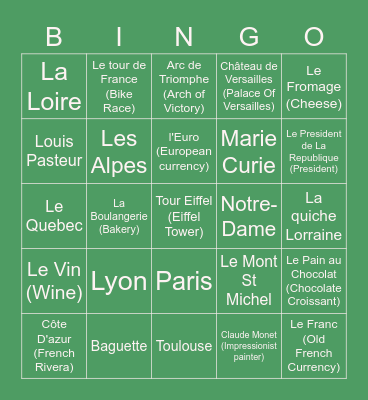 ECHS French Club Bingo Card