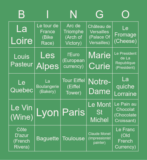 ECHS French Club Bingo Card