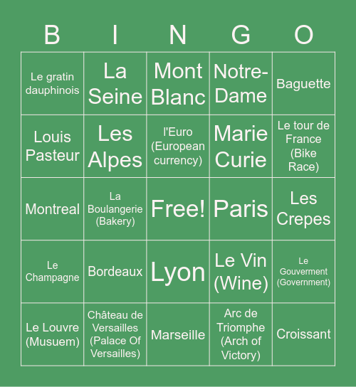 French Club Bingo Card