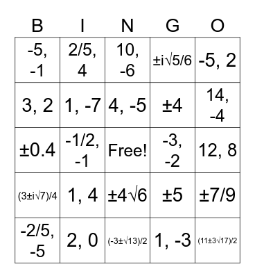 Algebra Bingo Card