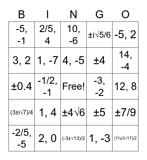 Algebra Bingo Card