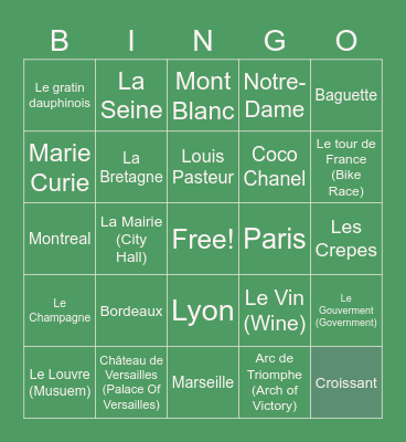 ECHS French Bingo Card