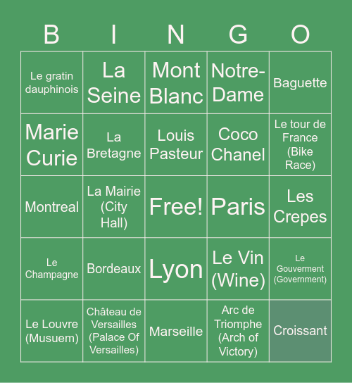 ECHS French Bingo Card