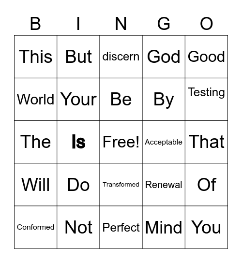 Romans 12:2 Bingo Card