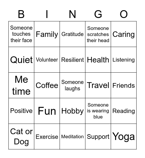 Warriors Wellness Bingo Card