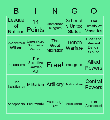 World War I Review Bingo Card
