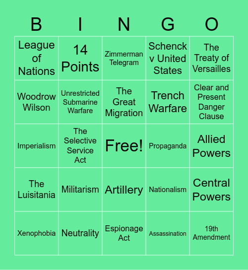 World War I Review Bingo Card