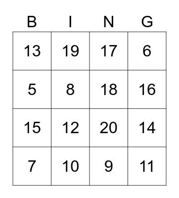 number bingo Card