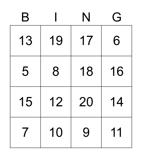 number bingo Card