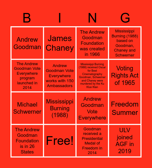 Andrew Goodman Foundation Bingo Card