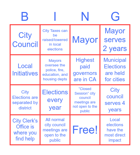 Local Election Information Bingo Card