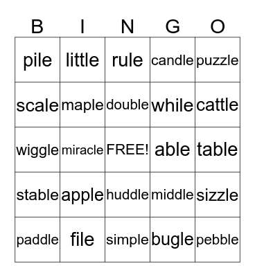 Consonant -le words Bingo Card