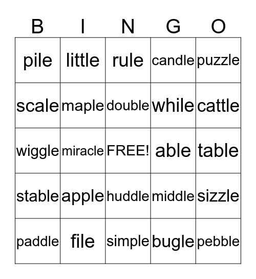 Consonant -le words Bingo Card