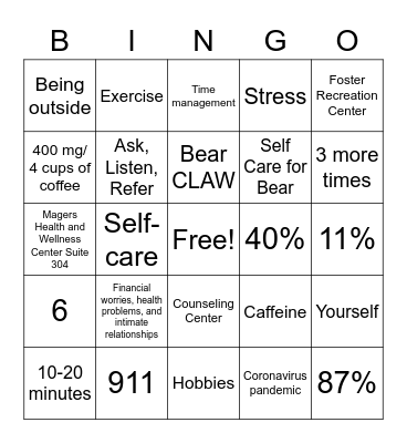 Self-Care Bingo Card