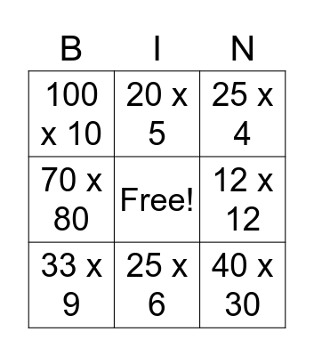 Multiplication  Bingo Card