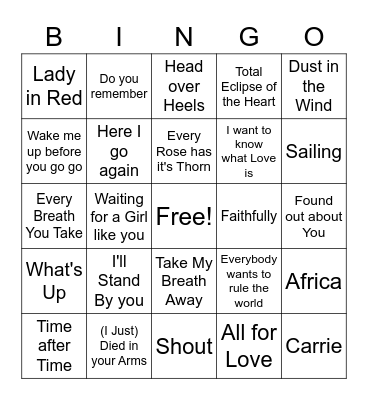 Soft Rock 80's & 90's Bingo Card