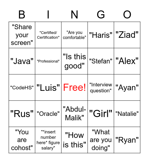 Orsun Bank CSA Oracle Java Certification Bingo Card