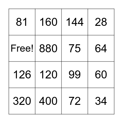 Multiplication Bingo Card