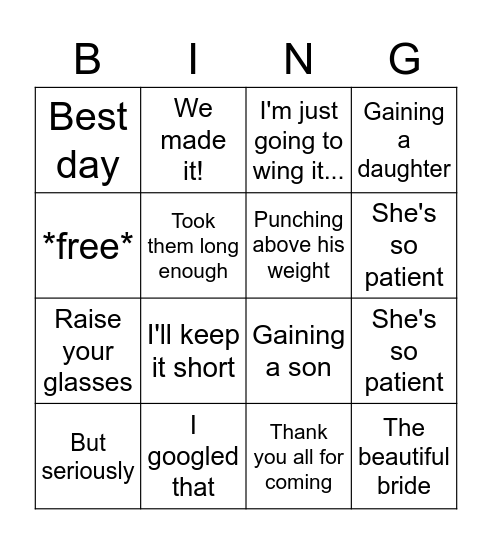 Ellen and Tim's Wedding Speech Cliche Bingo Card