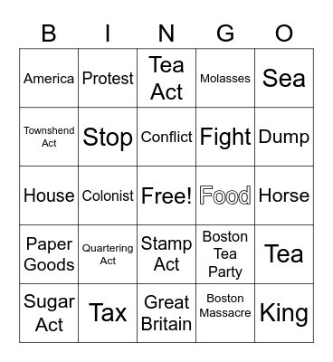 Colonist vs. British Bingo Card