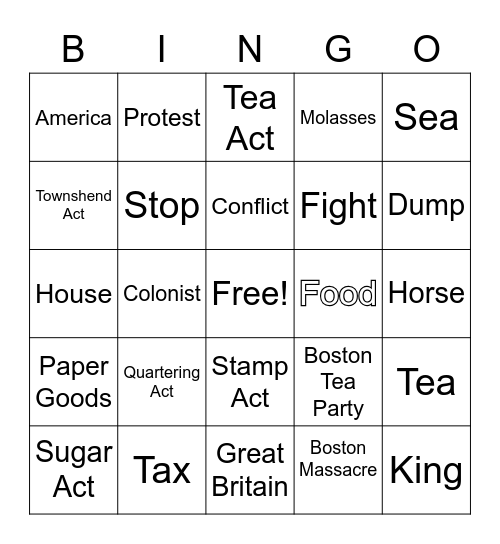 Colonist vs. British Bingo Card