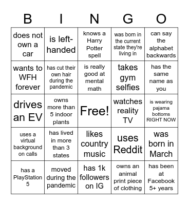 March '21 I4V All Hands Bingo Card
