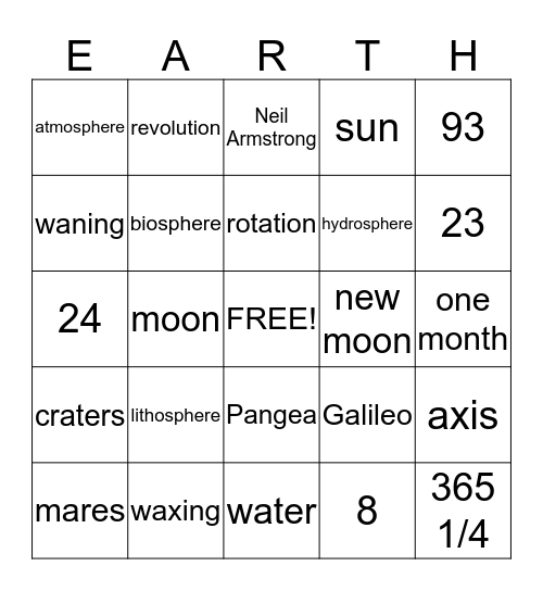 Earth and Moon Bingo Card