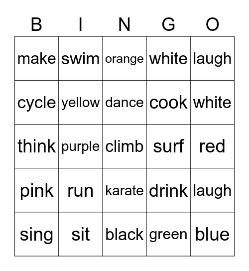 Verbs Bingo Card