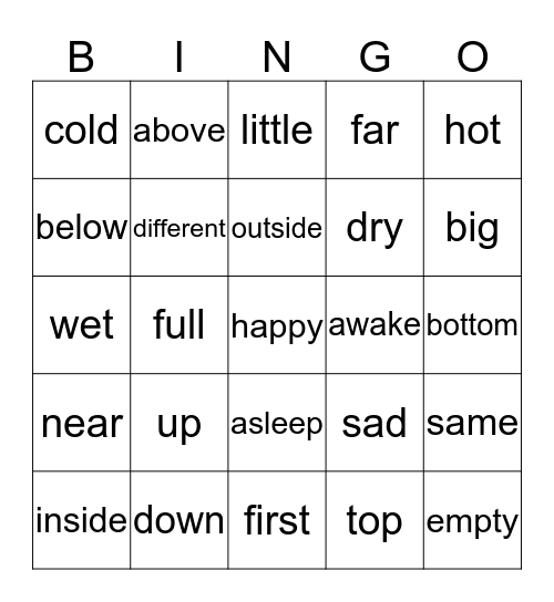 Antonyms Bingo Card
