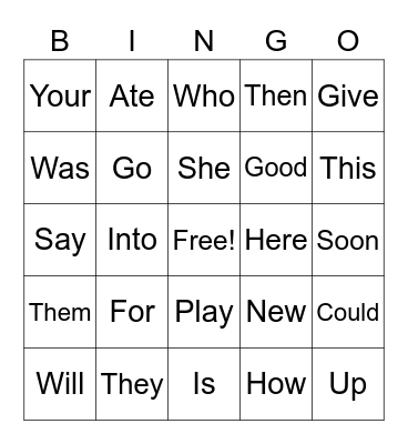 Vocabulary Bingo Card