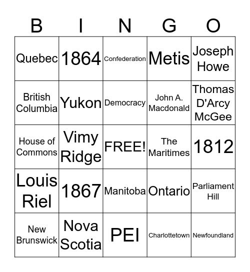 Canada Bingo Card