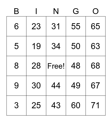 Number Bingo 1-90 Bingo Card