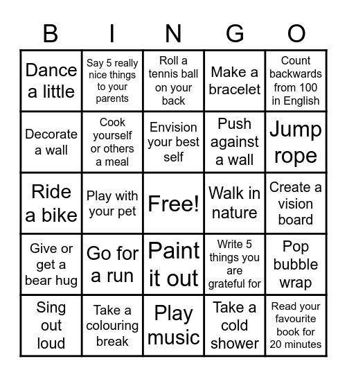 Reduce stress or just relax! Bingo Card