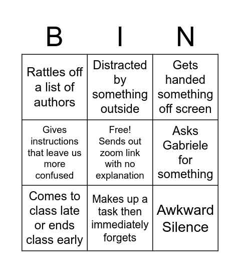 Marsha Bingo Card