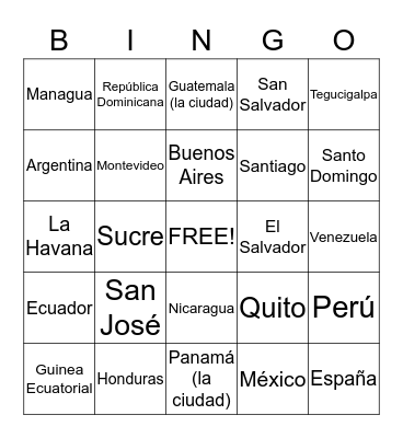 Capitals and Countries (El Mundo Español Bingo Card
