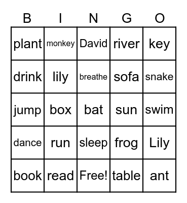 Noun and Verbs Bingo Card