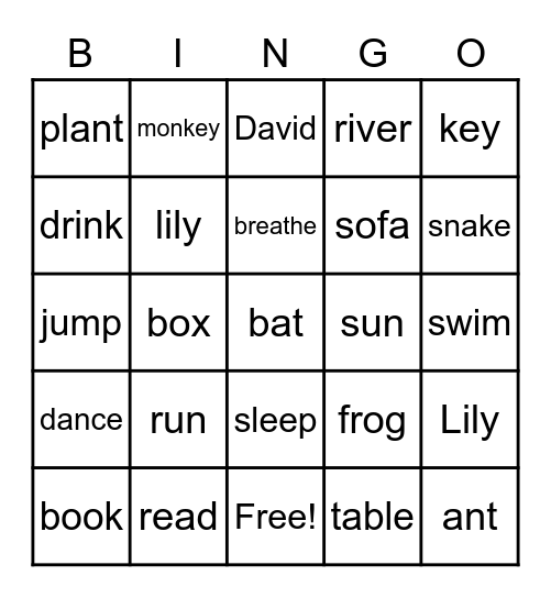 Noun and Verbs Bingo Card