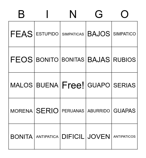 SPANISH ADJECTIVES Bingo Card