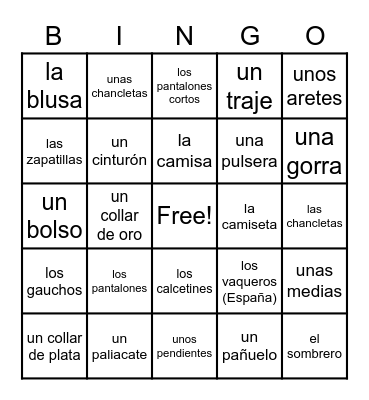 La ropa Bingo Card