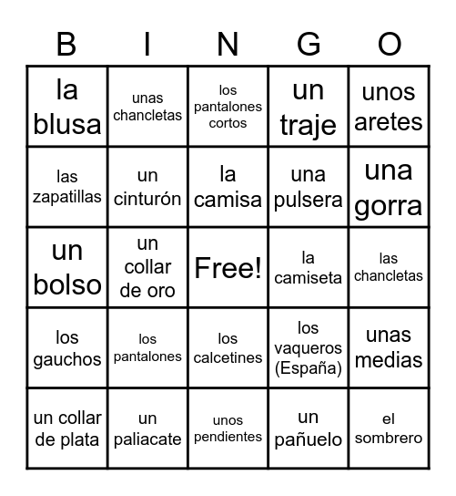 La ropa Bingo Card