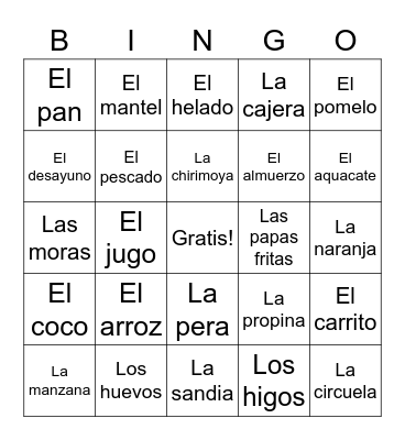 Comida Bingo Card