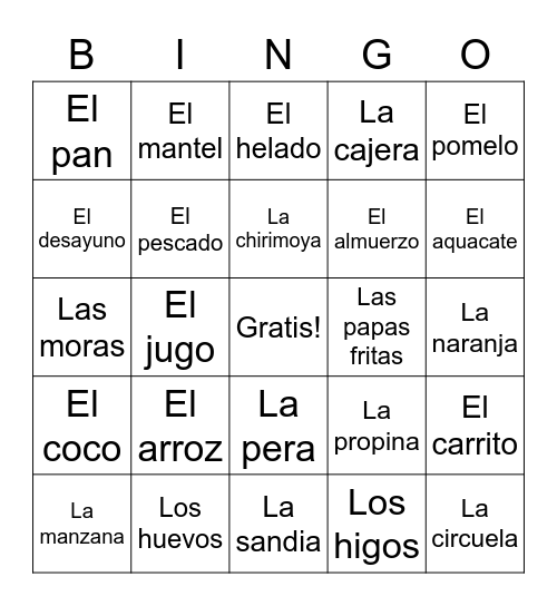 Comida Bingo Card