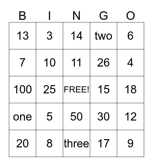 Number Bingo Card