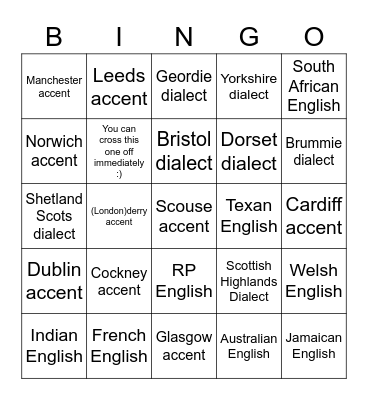Accent/Dialects Bingo Card