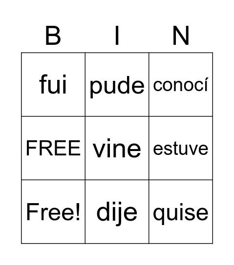 Preterite Bingo Card