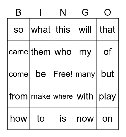 Sight Word Bing Bingo Card