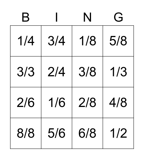 Comparing Fractions Bingo Card