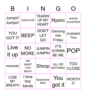 Boy Band & Girl Group Bingo Card