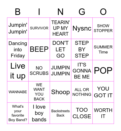 Boy Band & Girl Group Bingo Card